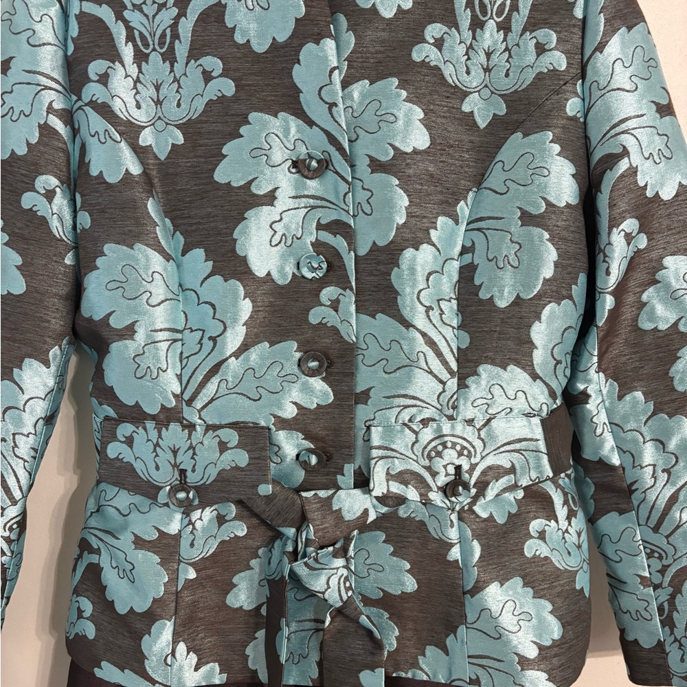 Nina Cole NWT Turquoise & Chocolate Floral Jacquard 2-Piece Pant Set Size 12 - Picture 2 of 6